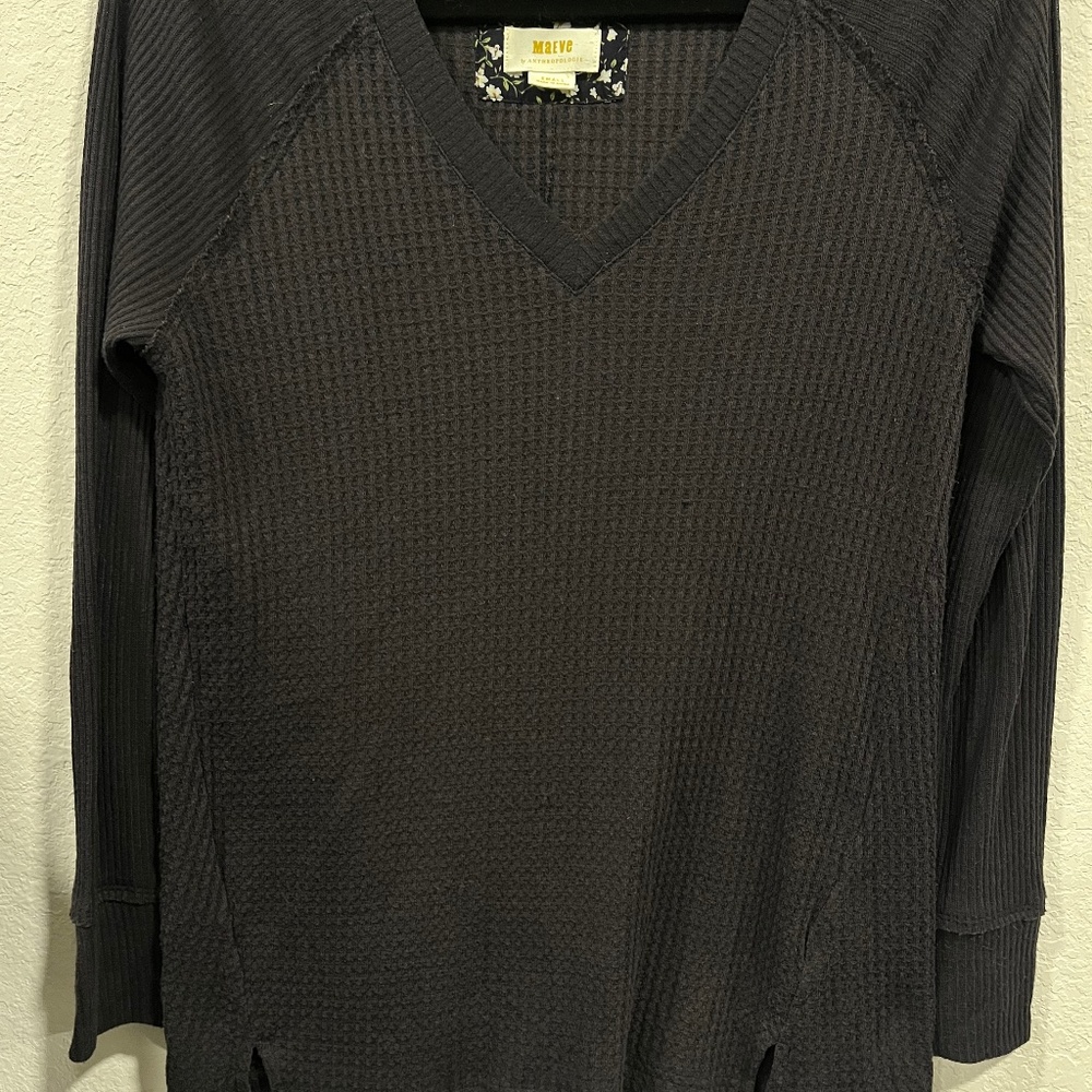 Maeve Anthropologie Long Sleeve Black Thermal Waffle Knit Top Shirt Size Small